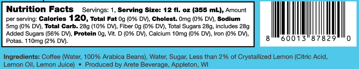 Nutrition facts label and ingredients list on a beverage package
