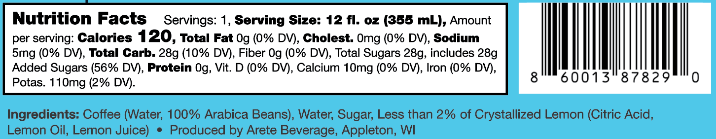 Nutrition facts label and ingredients list on a beverage package